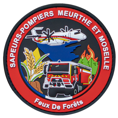 Abzeichen der Feuerwehr Meurthe-et-Moselle mit Flugzeug und Löschfahrzeug.
