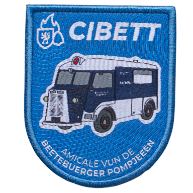 Blaues Abzeichen mit einer Grafik eines alten Feuerwehrautos und dem Text "CIBETT".