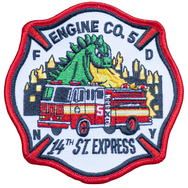 FDNY - 14th Street Express Abzeichen von Feuerwehr Engine Co. 5 mit feuerspeiendem Drachen und Feuerwehrwagen.