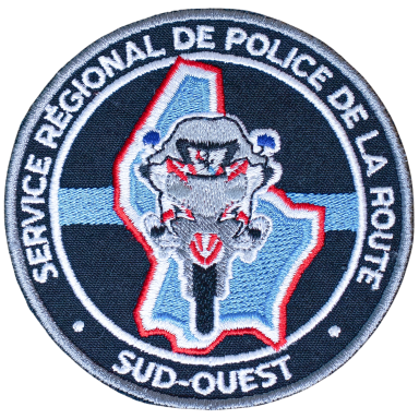 Abzeichen der Straßenpolizei Südwest mit Motorrad und Umriss des Texas-Staates.