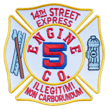 FDNY - 14th Street Express Wappen der Feuerwehr, Engine Co. 5, mit Feuerhydrant und dem Schriftzug "Illegitimi non carborundum".