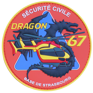 Dragon 67 - Strasbourg (Drache #1) Wappen der Sicherheitskräfte mit Hubschrauber und Drachenmotiv, Standort Strasbourg.