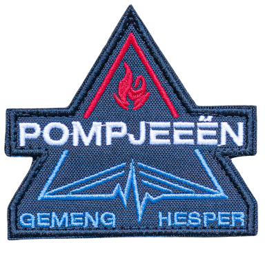 Hesperange - Pompjeeën Hesper Abzeichen mit dem Text "POMPJEEËN" und den Wörtern "QEMENG" und "HESPER".