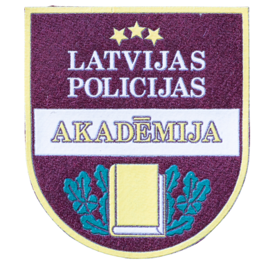 Wappen der Lettischen Polizeiakademie mit Buch und Lorbeerblättern.
