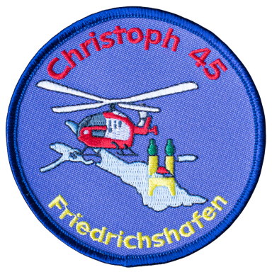 Luftrettungsdienst-Logo mit Helikopter und Wahrzeichen von Friedrichshafen.