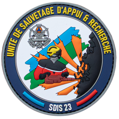 Abzeichen der Einheit für Rettungs- und Unterstützungsdienste, mit verschiedenen Symbolen und Farben.