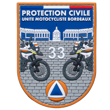 Wappen der Protection Civile, Einheit Motorräder Bordeaux, mit zwei Motorrädern und Hintergrund.