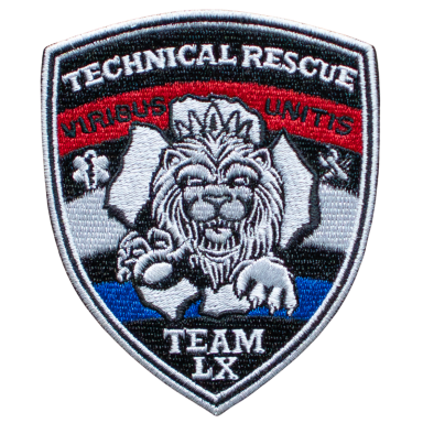 Wappen für technische Rettung, dargestellt mit einem Löwen und dem Schriftzug "Team LX".