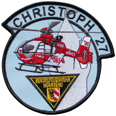Logo des Rettungshubschraubers Christoph 27 mit rotem Helikopter und Wappen.
