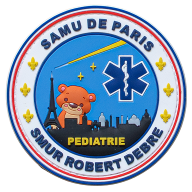 Rundes Emblem der SAMU de Paris mit einem Bären und der Silhouette von Paris.