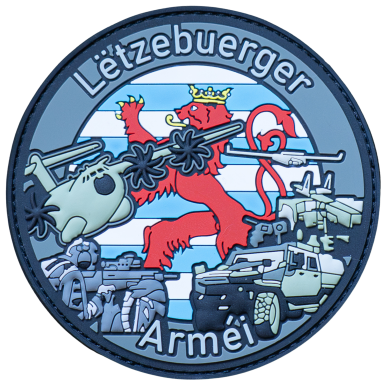 Lëtzebuerger Arméi - Armee Luxemburg Wappen der luxemburgischen Armee mit rotetem Löwen und verschiedenen Militärfahrzeugen.