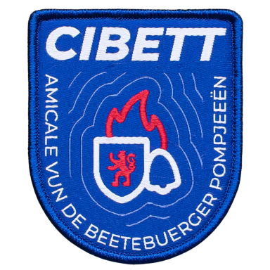 Blauer Wappen mit Löwe, Feuer und Tasse, beschriftet mit "CIBETT".