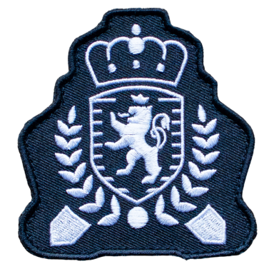 Wappen mit Löwen, Krone und Lorbeerblättern auf dunkelblauem Hintergrund.