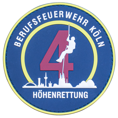 BF Köln - Höhenrettungsgruppe Wappen der Berufsfeuerwehr Köln mit dem Schriftzug "Höhenrettung" und einer Person in Rettungshaltung.