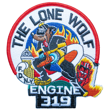 Aufnäher mit einem Wolf und Feuerwehrmotiven, beschriftet "The Lone Wolf Engine 319".