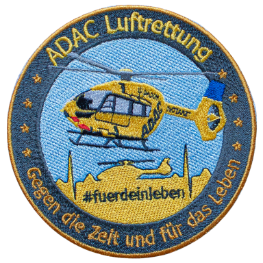 Abzeichen der ADAC Luftrettung mit einem Hubschrauber und dem Motto "#fuerdeinleben".