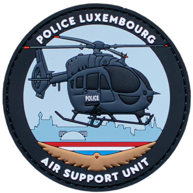 Abzeichen der Luftunterstützungseinheit der Polizei Luxemburg mit einem Helikopter.