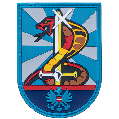 Abzeichen mit einer Schlange und gekreuzten Schwertern auf blauem Hintergrund.