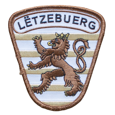Wappen von Luxemburg mit einem Löwen und dem Schriftzug "Lëtzebuerg".