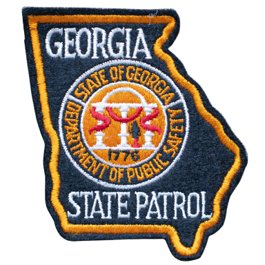 Abzeichen des Georgia State Patrol, in Form des Bundesstaates Georgia mit Symbolen.