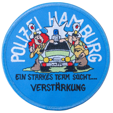 Zweiköpfiges Polizeiteam mit Auto auf blauem Hintergrund; Text: "Ein starkes Team sucht Verstärkung."