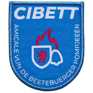 Wappen mit blauem Hintergrund, Löwe und Feuersymbol auf einem Schild.