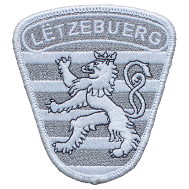 Wappen von Luxemburg mit einem Löwen auf gestreiften Hintergrund.