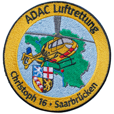 Logo des ADAC mit einem Hubschrauber und der Beschriftung "Christoph 16, Saarbrücken".