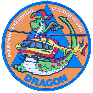 Dragon 67 - Strasbourg (Drache #2) Abzeichen mit einem Drachen und einem Hubschrauber auf orangefarbenem Hintergrund.