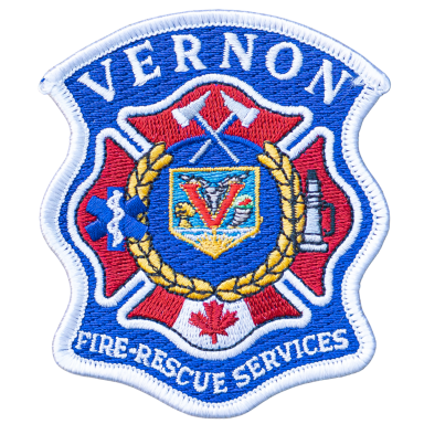 Wappen der Feuerwehr- und Rettungsdienste von Vernon, Kanada, mit Symbolen und Farben.