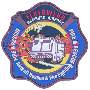 Flughafenfeuerwehr Hamburg - Patch Wappen der Flughafenfeuerwehr Hamburg mit Löschfahrzeug und Flugzeug im Hintergrund.