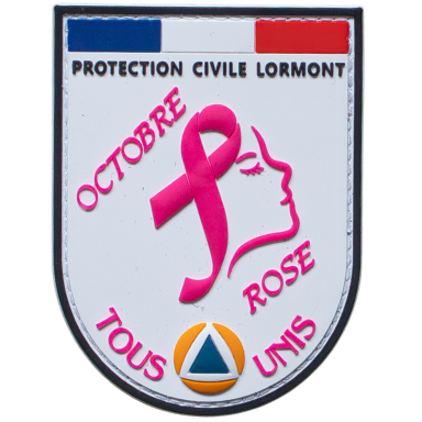 Wappen der Schutzorganisation mit dem Thema "Oktober Rosa" und pinkem Band.