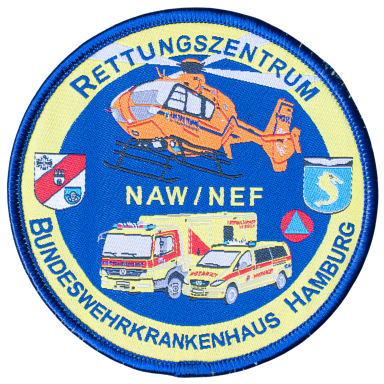 Abzeichen des Rettungszentrums Hamburg mit Hubschrauber und Rettungsfahrzeugen.