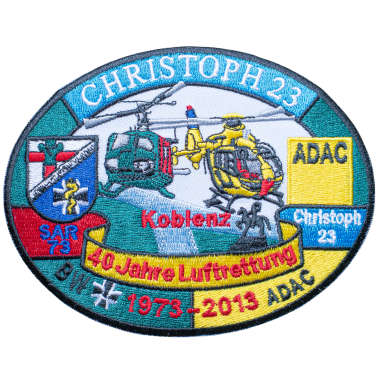 Logo des ADAC-Luftrettungsdienstes Christoph 23 mit Hubschraubern und Jubiläumsjahr.
