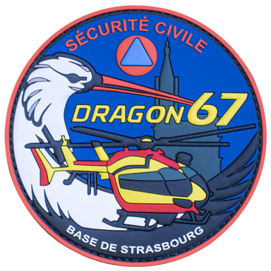 Dragon 67 - Strasbourg (Weißstorch) Emblem der Feuerwehr mit einem Helikopter und einer Schwan-Darstellung, "Dragon 67".