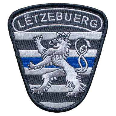 Wappen von Luxemburg mit einem Löwen und blauen Streifen auf grauem Hintergrund.