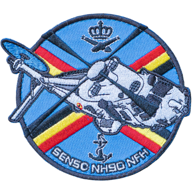 Emblem eines Hubschraubers mit blauem Hintergrund und farbigen Streifen.