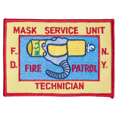 FDNY - Mask Service Unit Technician Abzeichen der Maskendiensteinheit mit einem Feuerwehrschlauch und dem Wort "Technician".