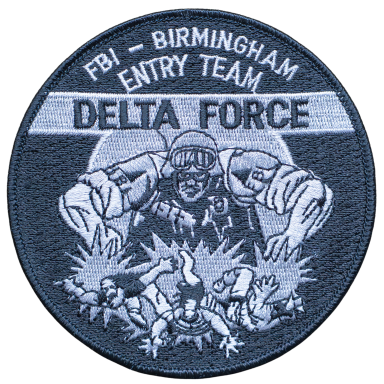 Abzeichen der FBI Birmingham Entry Team Delta Force mit einer dynamischen Einsatzszene.