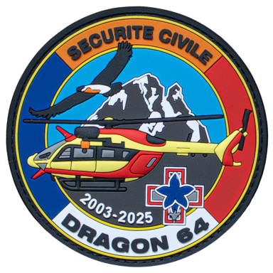 Abzeichen der Sicherheis-Civile mit Helikopter, Adler und Bergen, datiert 2003-2025.