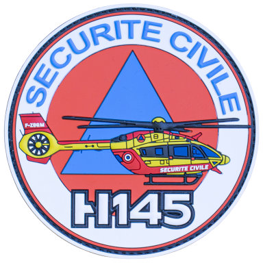 Sécurité Civile - H145 Logo der Securité Civile mit einem H145-Helikopter vor einem blauen Dreieck.
