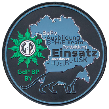 Abzeichen mit einer Karte von Bayern, einem Panther und dem Text „Einsatz“ und „GdP BP BY“.