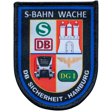 Wappen der S-Bahn-Wache Hamburg mit Symbolen von DB und Stadtansicht.