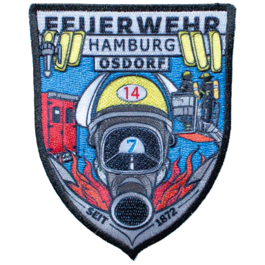 Wappen der Feuerwehr Hamburg Osdorf mit Feuerwehrmann, Löschfahrzeug und Flamme.