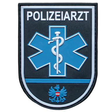 Abzeichen mit einem blauen medizinischen Symbol und dem Schriftzug "Polizeiarzt".