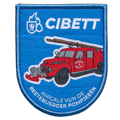 Aufnäher mit rotem Feuerwehrfahrzeug auf blauem Hintergrund und dem Text "CIBETT".
