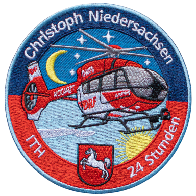 Drehflügler-Patch mit dem Schriftzug "Christoph Niedersachsen, 24 Stunden".
