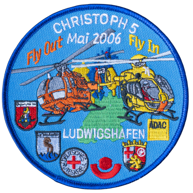 Wappen mit zwei Hubschraubern, Bezeichnungen und Logos, von Christoph 5 in Ludwigshafen.