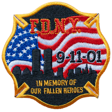 Emblem mit amerikanischer Flagge und Skyline, Gedenken an die Helden vom 11. September.