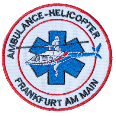 Abzeichen des Ambulanz-Hubschraubers Frankfurt am Main mit Farbdetails.